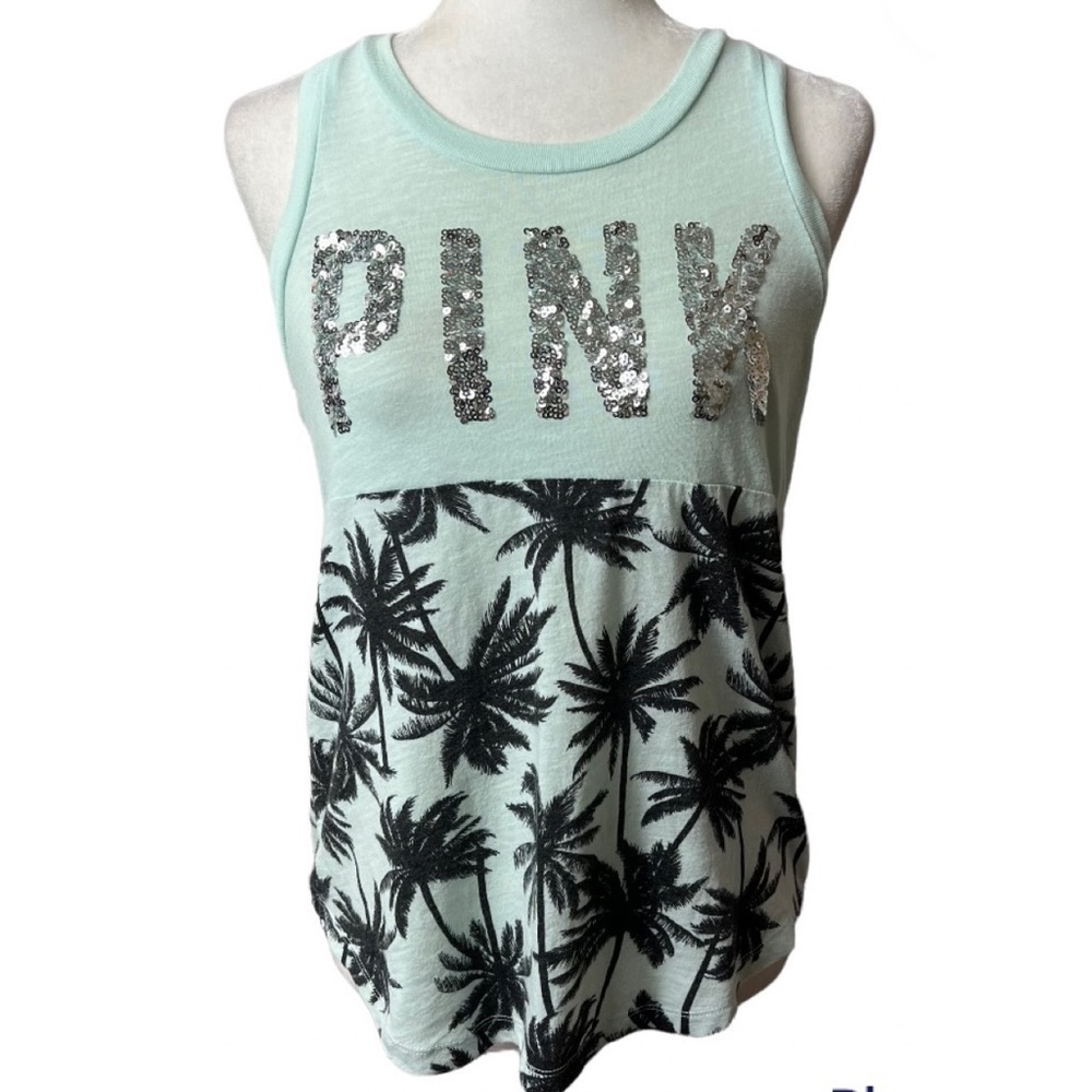 Vs Pink Bling Palm Tree Tropical Print Tank Top